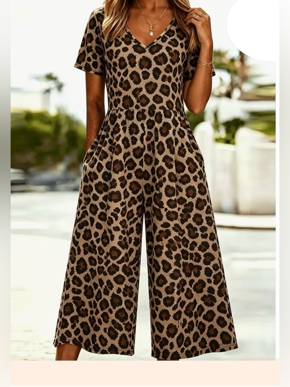 Leopard Print V-Neck Wide-Leg Jumpsuit - Brown